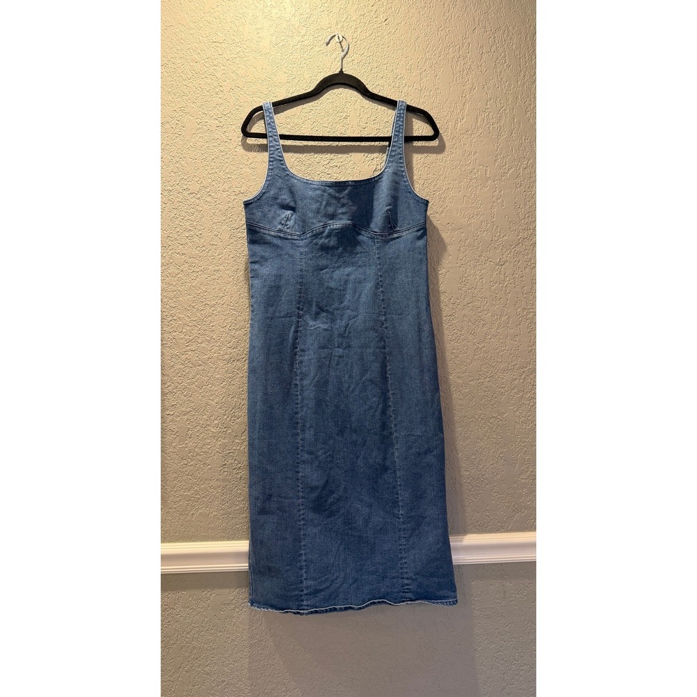 Love Tree Denim Blue Midi Dress Square Neck Sleeveless Raw Hem Size L